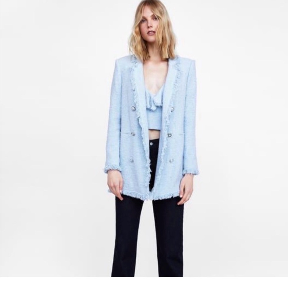 ZARA COAT PASTEL BLUE FRAYED TWEED BUTTONS JACKET BLAZER